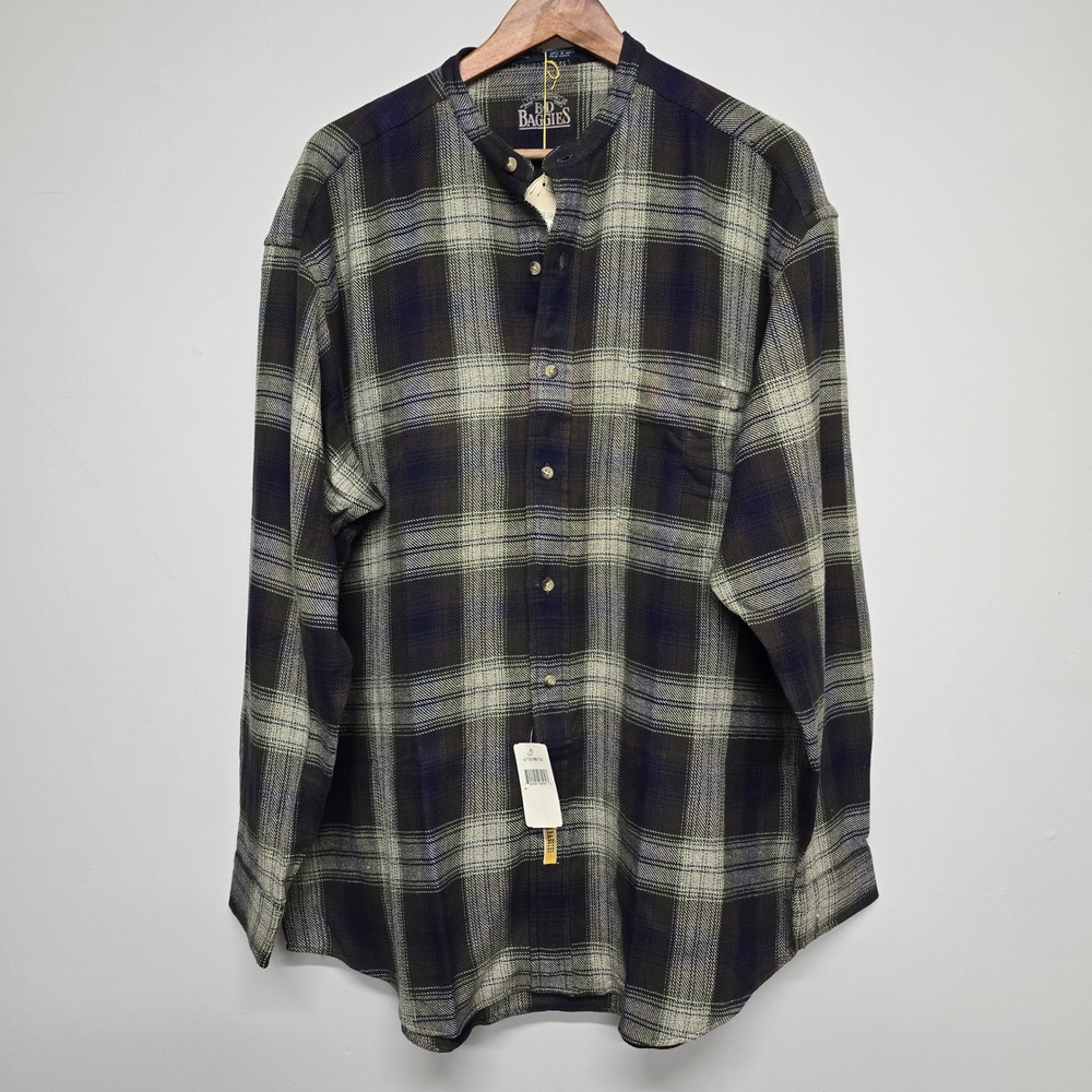 B.D. Baggies Plaid Grandad Collar Shirt Mens Medium Blue Green Grunge Cabin